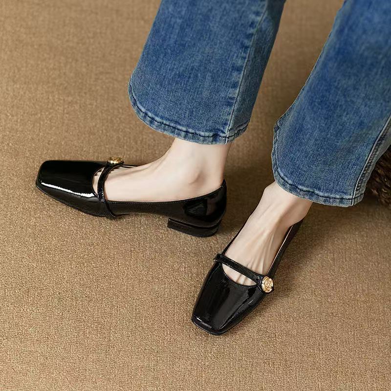 High Heels French Dress Party Shoes for Woman Platform Patent Leather Mary Jane  Black Square Toe Mid-heel Pumps 2025