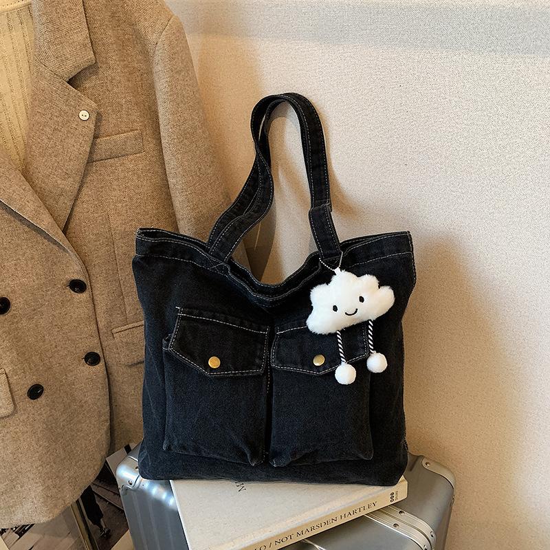 Double Pocket Design Denim Shoulder Bags for Women Large Capacity Ladies Students Tote Outing Travel Portable Female Handbags
