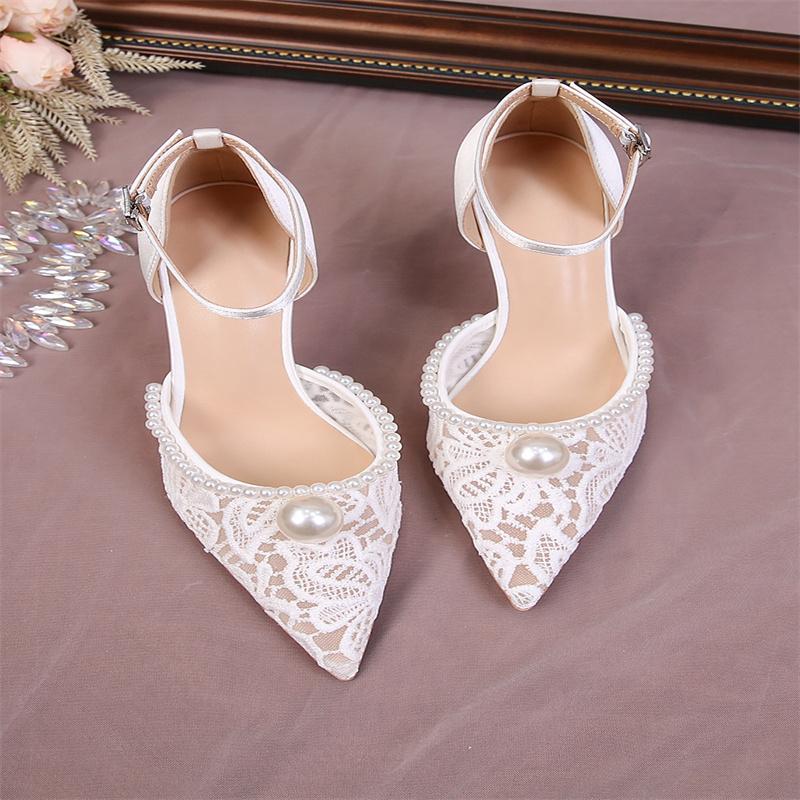 White flower lace crystal open toe sandals for women, pointed wedding shoes, fashionable party casual high-heeled sandals