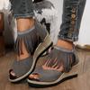 Women's Rhinestone-Embellished Wedge Sandals with Tassel Detail - Open-Toe Platform Heel, Faux Cover Upper & Sole, Thick Cushioned Sole