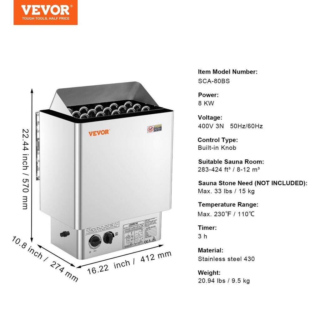 8KW Electric Sauna Heater Built-In Control 8-12 m³HomeSpa Stainless Steel