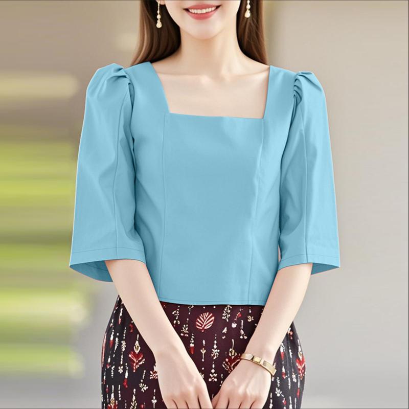 

ZANZEA Женская летняя повседневная блузка с квадратным вырезом и рукавом до локтя 5XL синий