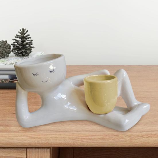 Lazy Guy Planter Resin Lying Down Figure Flower Pot with Drainage Hole Tabletop Succulent Planter for Succulents Cactus Indoor Garden Decor