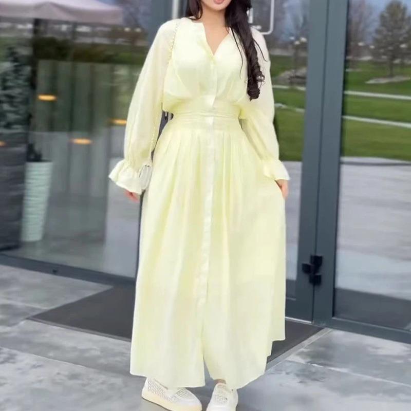 Women Elegant Solid Color High Waist Button Long Maxi Dress