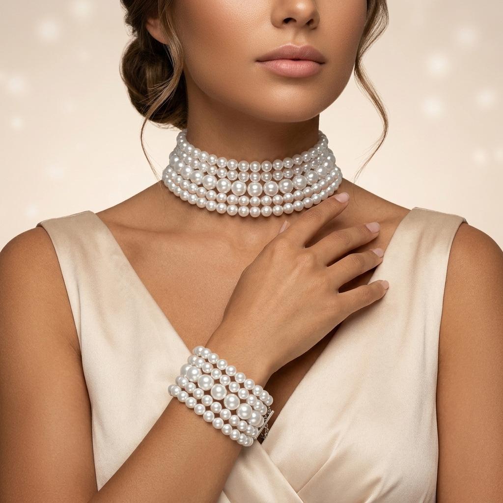 French multi-layer imitation pearl choker necklace bracelet 1-layer set, retro heavy industry collarbone chain bridal banquet girl
