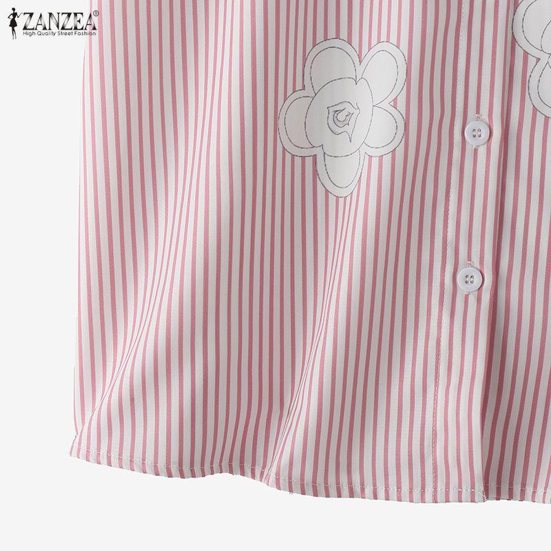 ZANZEA Women Casual Turn Down Collar Short Sleeve Stripe Blouse