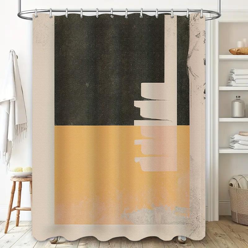 Modern Black And Gold Bathroom Shower Curtain Set Decor With Abstract Geometric Design White Bath Tub Background Home Decoration