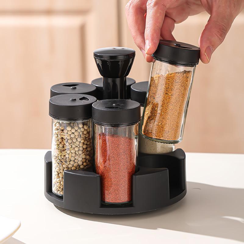 6-Jar Rotating Spice Rack Set Countertop Seasoning Container Organizer for Home Kitchen Cooking Storage Use