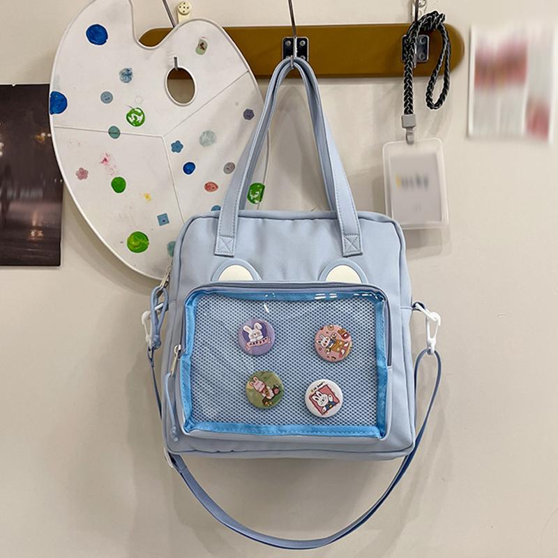 Vielseitige transparente Umhängetasche im japanischen Stil, große Kapazität, Canvas-Umhängetasche, Studententasche, Umhängetasche mit niedlichem Bären im Anime-Stil