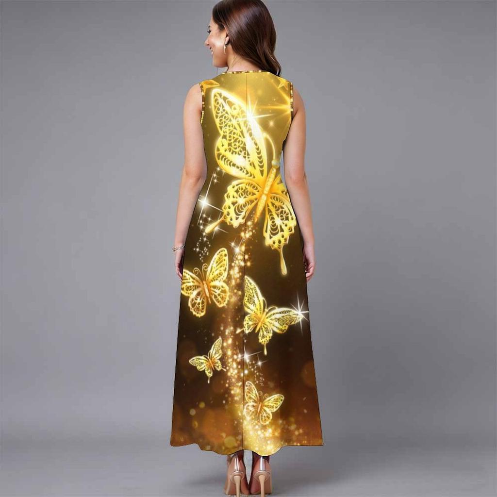Women Oversized Sleeveless Round Neck Dress Jungle Foliage Pattern Flowy Calf Length Dress