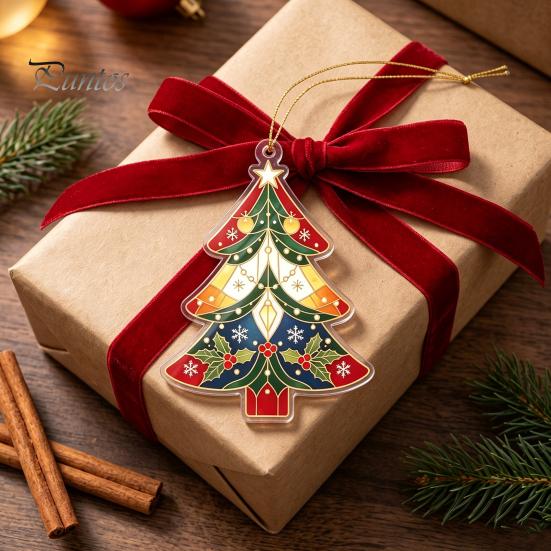 Artistic Window Display Accessory 2D Flat Acrylic Christmas Tree Ornament, Vintage Stained Ornament Glass Style Hanging Pendant, Festive Holiday Decor