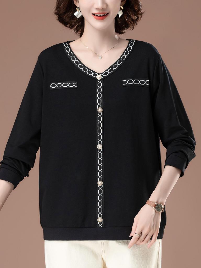 Damen Langarm T-Shirt aus reiner Baumwolle in Übergröße für Frühling & Herbst - Schlankmachend, modisch, lockere Passform für Mütter mittleren Alters