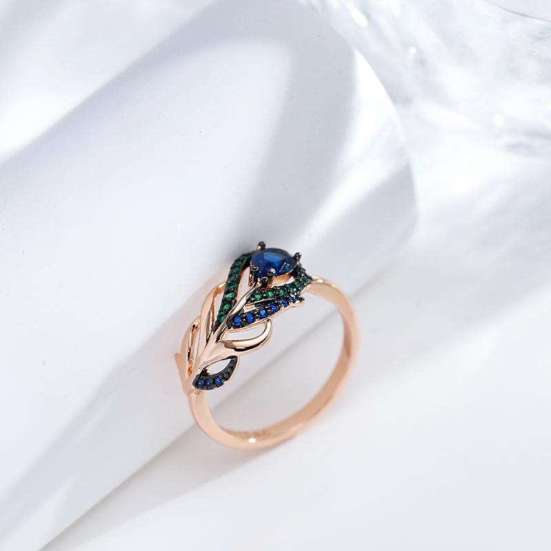 Luxury Blue Natural Zircon Ring For Women Rose Gold And Black Plating Vintage Crystal Leaf Daily Fine Jewelry