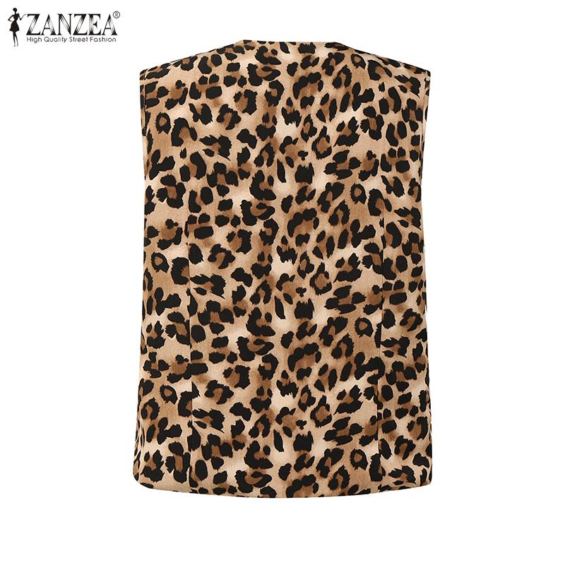 ZANZEA Women Casual Button V-Neck Leopard Print Sleeveless Vest Tops