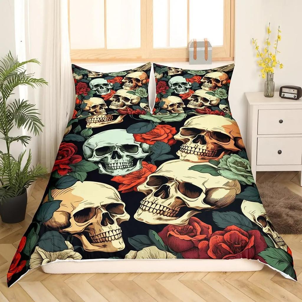 Sugar Skull Lover Bed Cover King Size Kissing Couple Skeleton Sleep Bedding Collection Red Rose Comforter Cover Death and Love Theme Quilt Cover