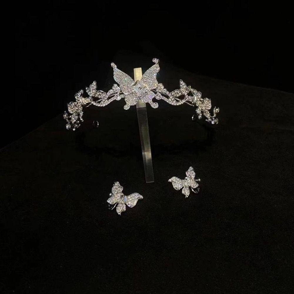 Bride Headdress Butterfly Crystal Tiara Set Sparkling Wedding Jewelry Suit Wedding