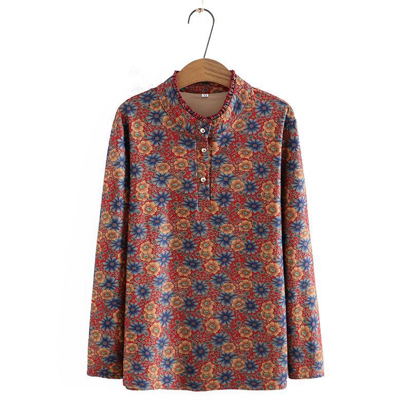 Autumn Bottoming Shirt T-shirt Women's Plus Size Loose Belly Covering Western Style Lace Collar Printed Long-sleeved Top