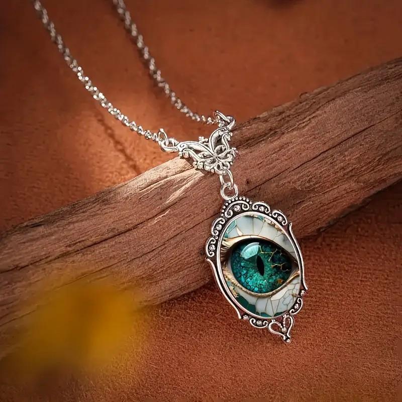 Butterfly Accessories and Green Snake Eye Pattern Oval Pendant Necklace Jewelry