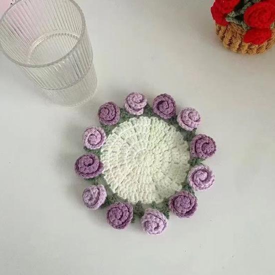 Crochet Flower Coasters Handmade Vintage Bouquet Knitted Rose Flower Decorative Coasters Anti-scald Table Mats Without Flower Pot