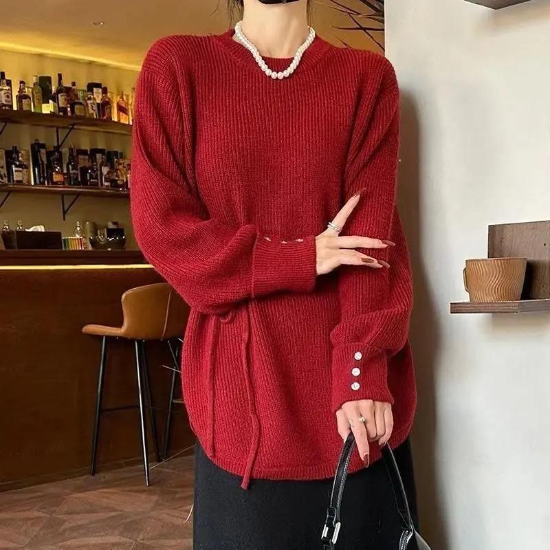Women Lazy Style Belted Sweater Spring Autumn Fashion Loose Waist Slimming Knitwear Long Top