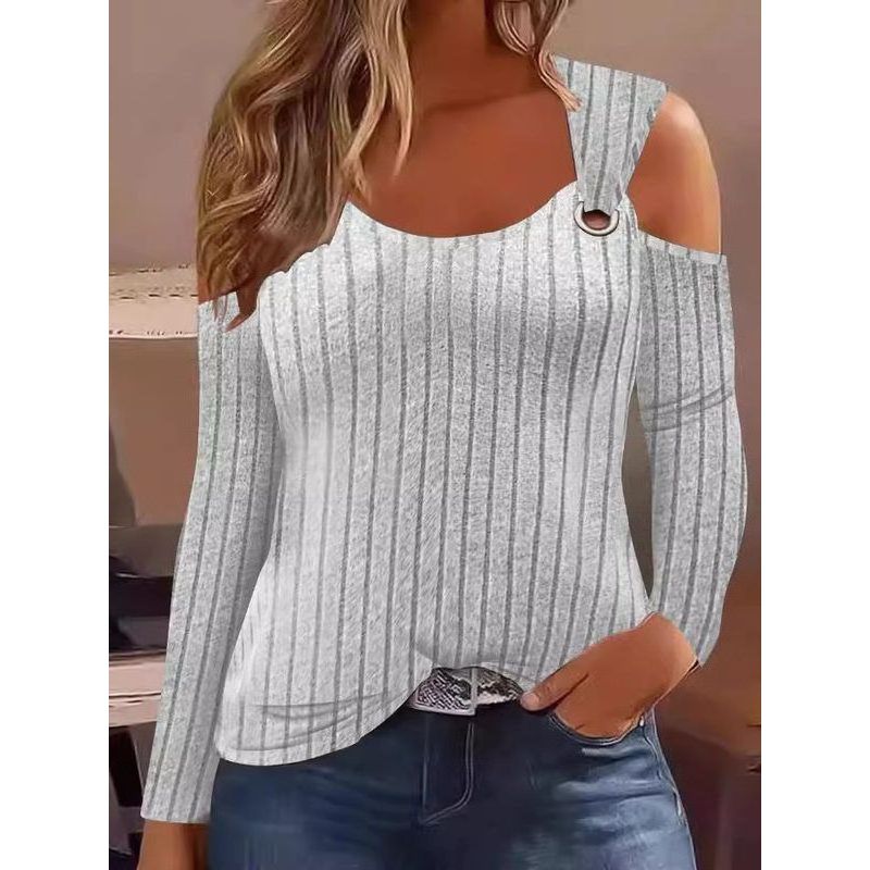 Winter European and American Amazon Temu Independent Station Cross-Border New Arrival Casual V-neck Metal Buckle Sunken Stripe Long Sleeves T-shirt