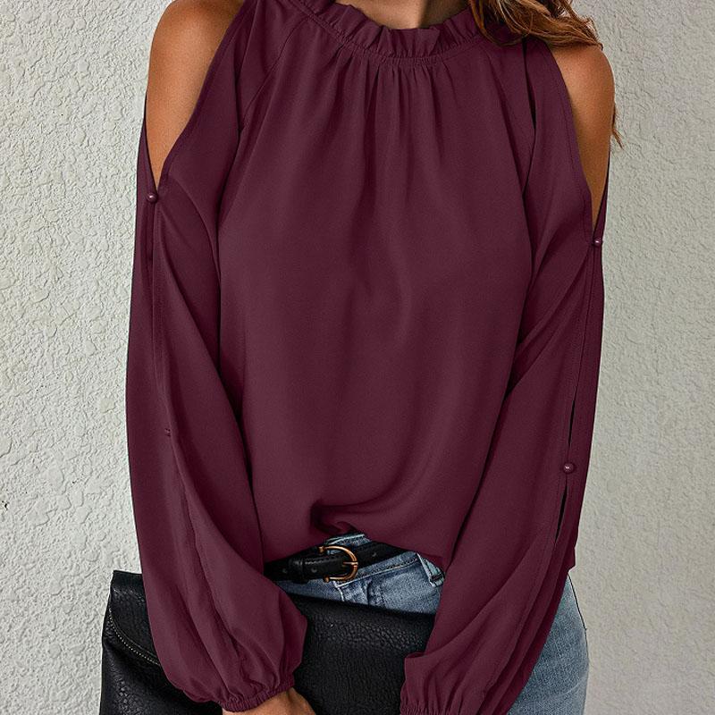 Net Color Lotus Leaf Half-high Collar Long-sleeved Strapless Fashion Chiffon Shirt Burgundy Autumn and Winter Round Neck Long-sleeved Top