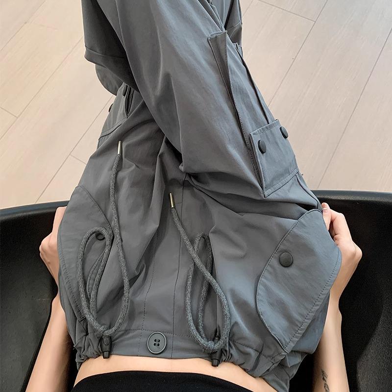 

Gray Women s High-Waist Parachute Jumpsuit - Spring/Autumn 2025, Small Size, Casual Straight-Leg with Drawstring Pants Medium