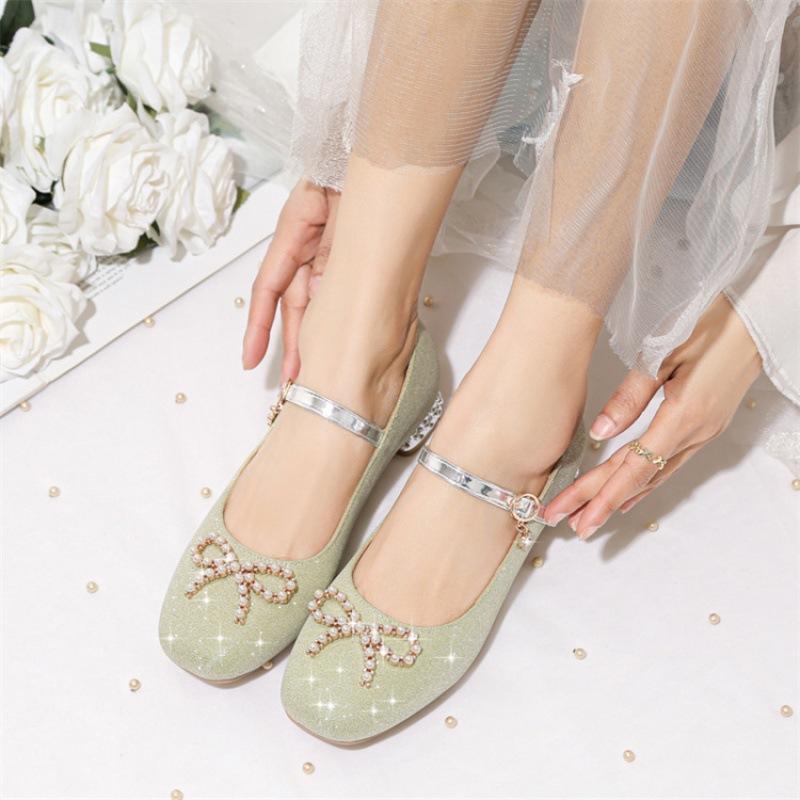 Girls Spring Princess Shoes 2025 New Girls Square Head Thick Heel Low Top Bow Sequins Student Children's Single Shoes