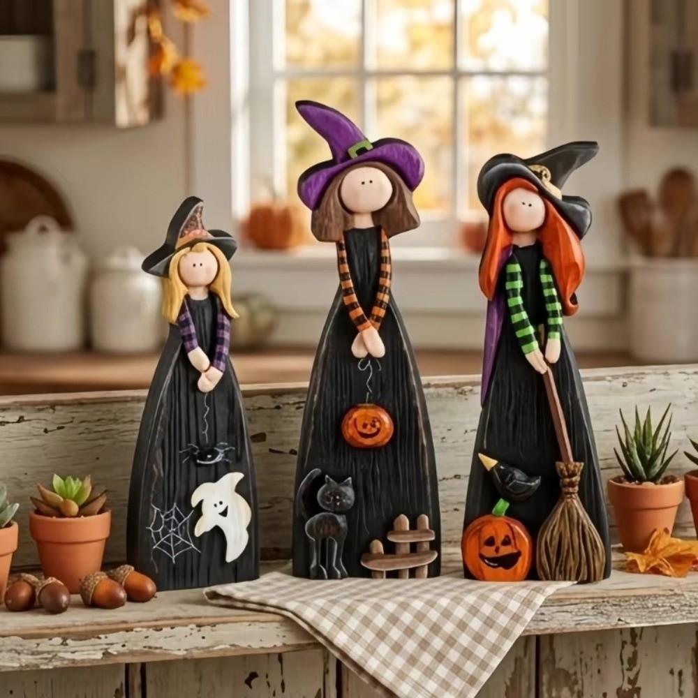 Pumpkin Accent Halloween Witch Figurine Wooden Material Halloween Witch Ornament Tabletop Use