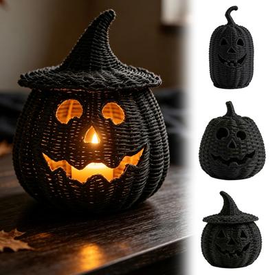 Handmade Straw Pumpkin Handwoven Basket with Witch Hat Lid, Rustic Wicker Trick Ornament or Treat Bucket for Indoor Outdoor Halloween Party