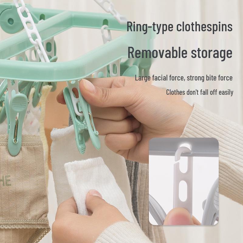 Windproof Plastic 32-Clip Multifunctional Drying Rack for Clothes and Socks, Portable for Adults and Children.