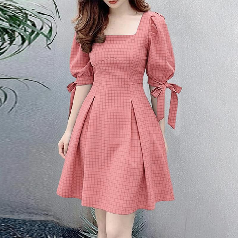 ZANZEA Damen Lässiges Sommerkleid mit quadratischem Ausschnitt und halbem Ärmel mit Karomuster 4XL rosa