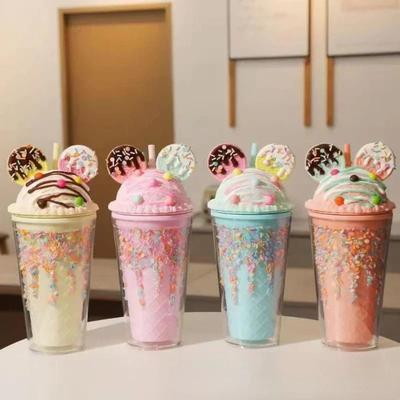 Cute Flash Powder Water Bottle Straw Cup for Girl Reusable Hard Kid Plastic Tumbler With Lid Coffee Cup Drinkware Christmas Gift