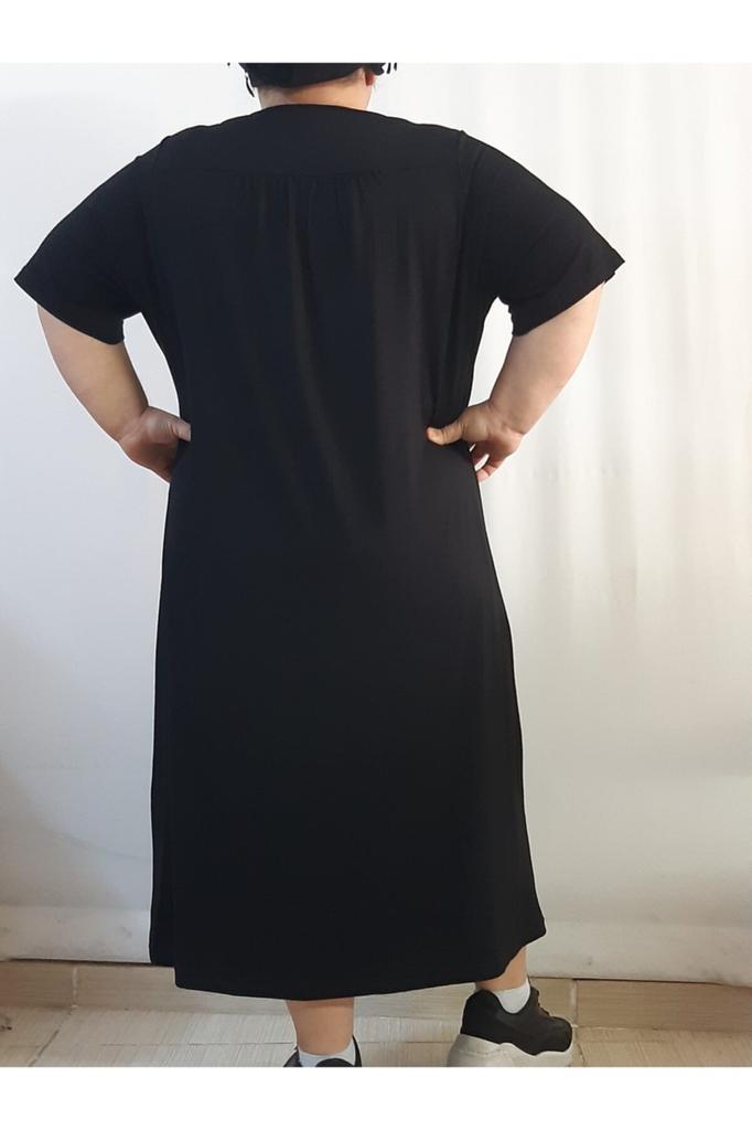 Damska Sukienka Duży Rozmiar Czarna Bawełna Czesana Wiskoza Czarna Sukienka z Marszczonym Przodem i Karczkiem z Tyłu