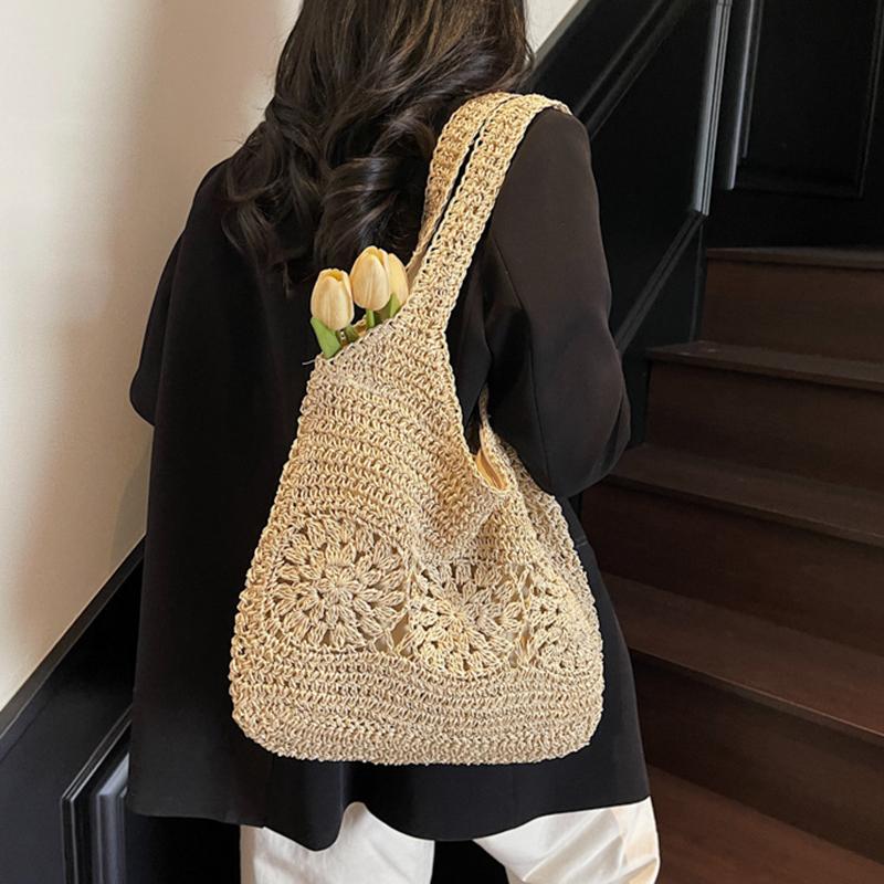 Yogodlns Large Straw Beach Bag with Zipper Summer Shoulder Bag Handbag Hobo Bag Shoulder Purse for Women Travel Vacation