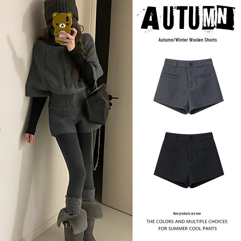 Women's Gray Woolen High-Waisted A-Line Slimming Winter Shorts 2025.