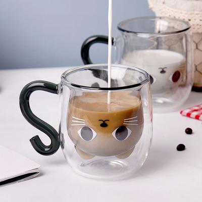 Tasse à café double couche créative en forme de chat mignon, tasse en verre double avec poignée, pour la maison, le thé au lait, le jus, l'eau, cadeau de bureau