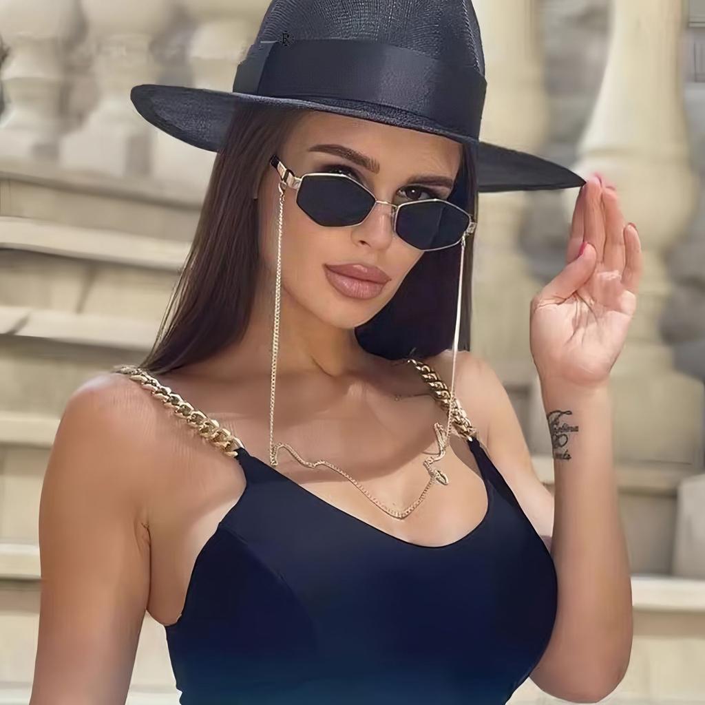 Nowe Luksusowe Damskie Okulary Przeciwsłoneczne Wielokątne Gradientowe Osobowość Świątynie Z Łańcuszkiem Wysoka Jakość Męskie Codzienne Okulary UV400