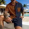 Men's American Summer Plaid Color Block Pocket Shirt & Shorts Casual Set