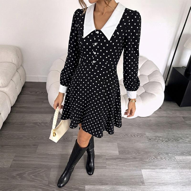Fall New Style Short Skirt, Retro and Elegant Collar Short Skirt, Polka Dot Dress for Women S