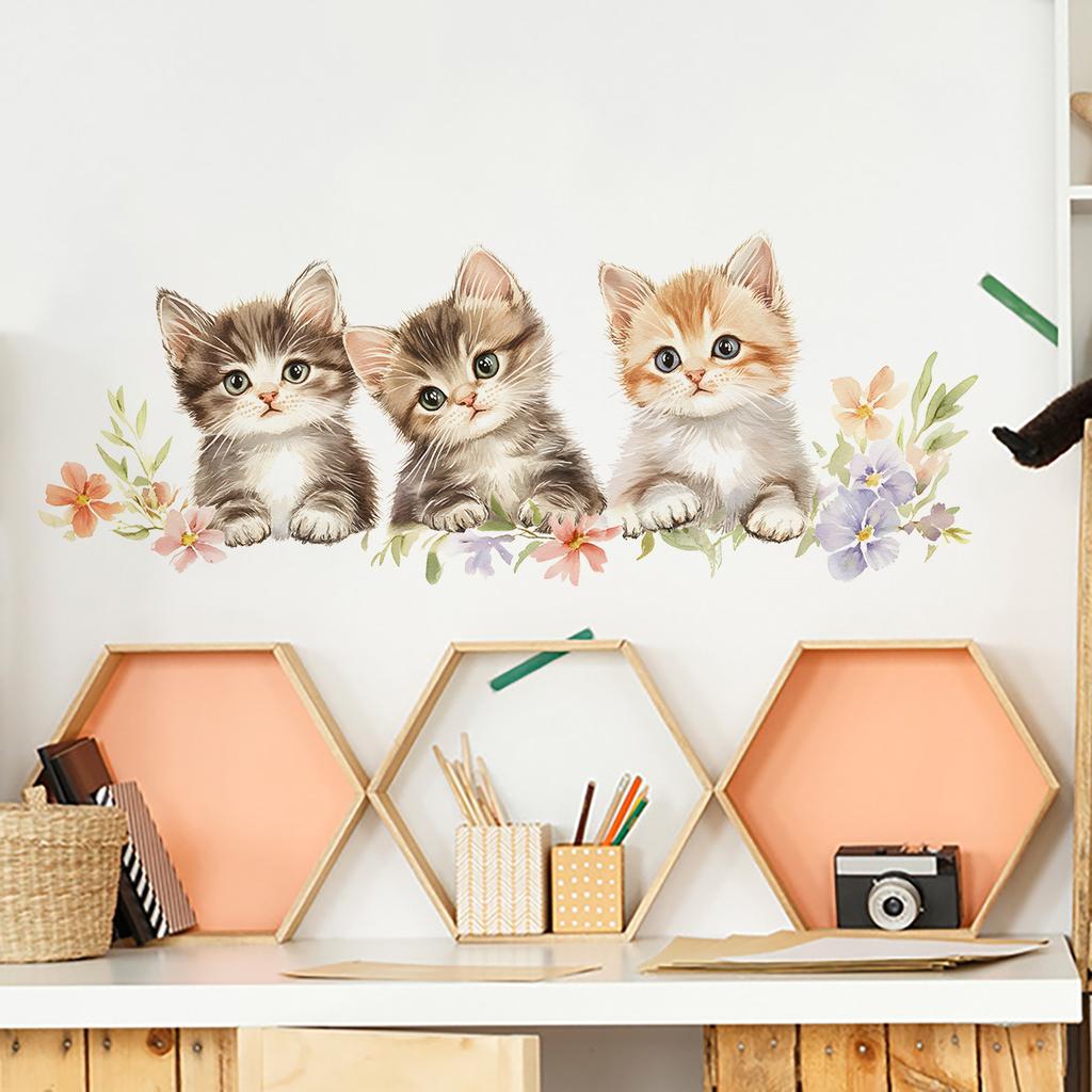 Cartoon Cute Three Kittens Wall Sticker Kids Room Living Room Wall Decoration Self-Adhesive Home Decor