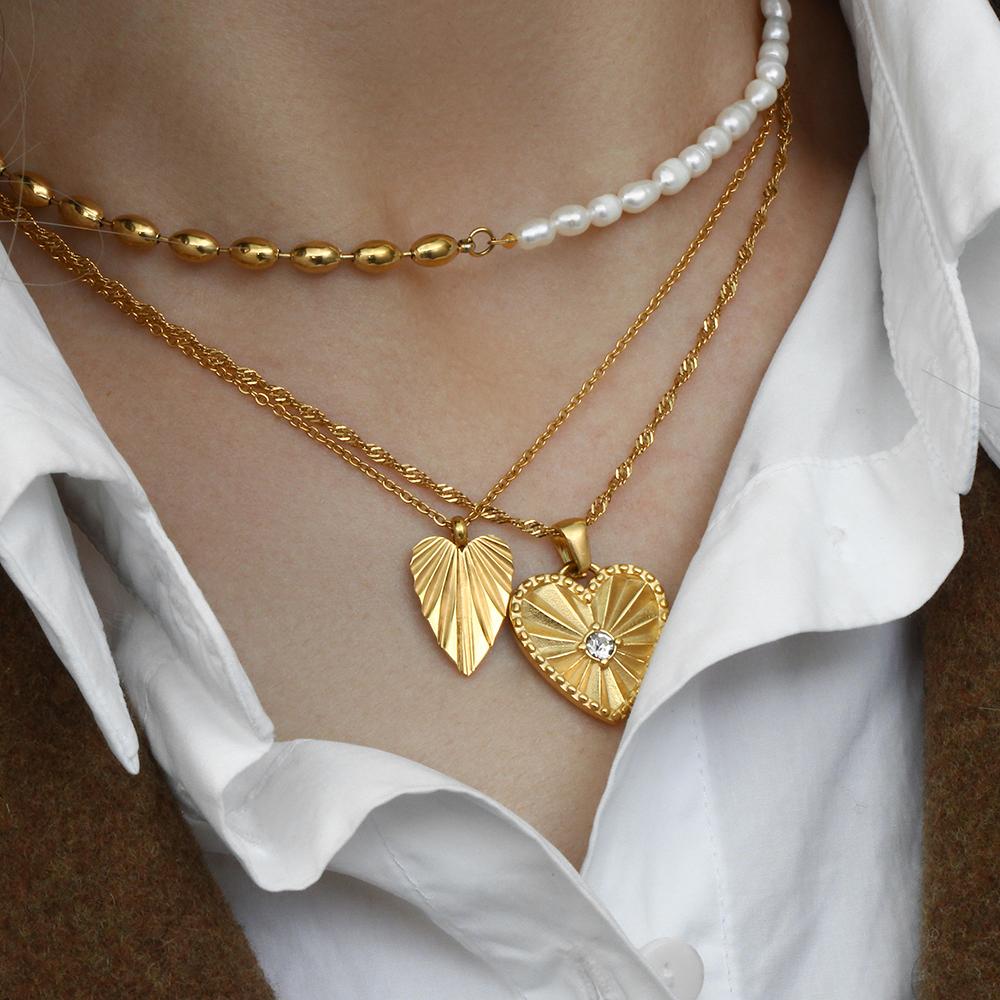 MamacitaSlay Jewelry Leaf Circle Heart Stripe Pendant Necklaces Zircon Inlaid 18K Plated Stainless Steel Necklace Women's Gift