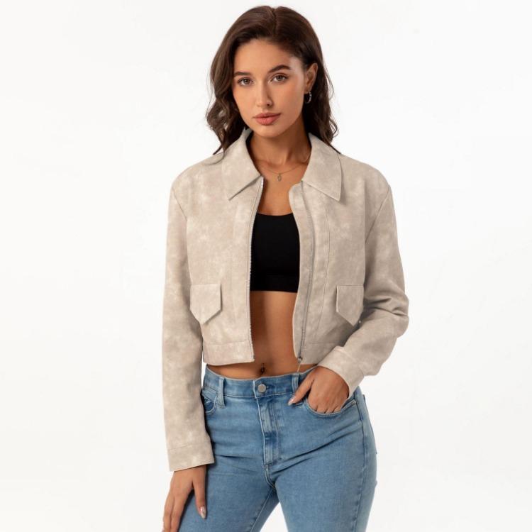 Women Fashion Slim Fit Pu Leather Jacket Long Sleeve Lapel Collar Zipper Outerwear for Fall Winter