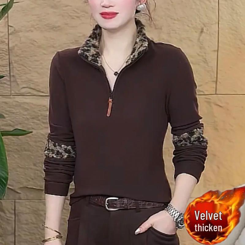 

Spring Leopard Print Stand Collar Long Sleeve T-Shirt - Women s Plus Velvet Warm Fashion Top 5XL (155-165 jin recommended) коричневий