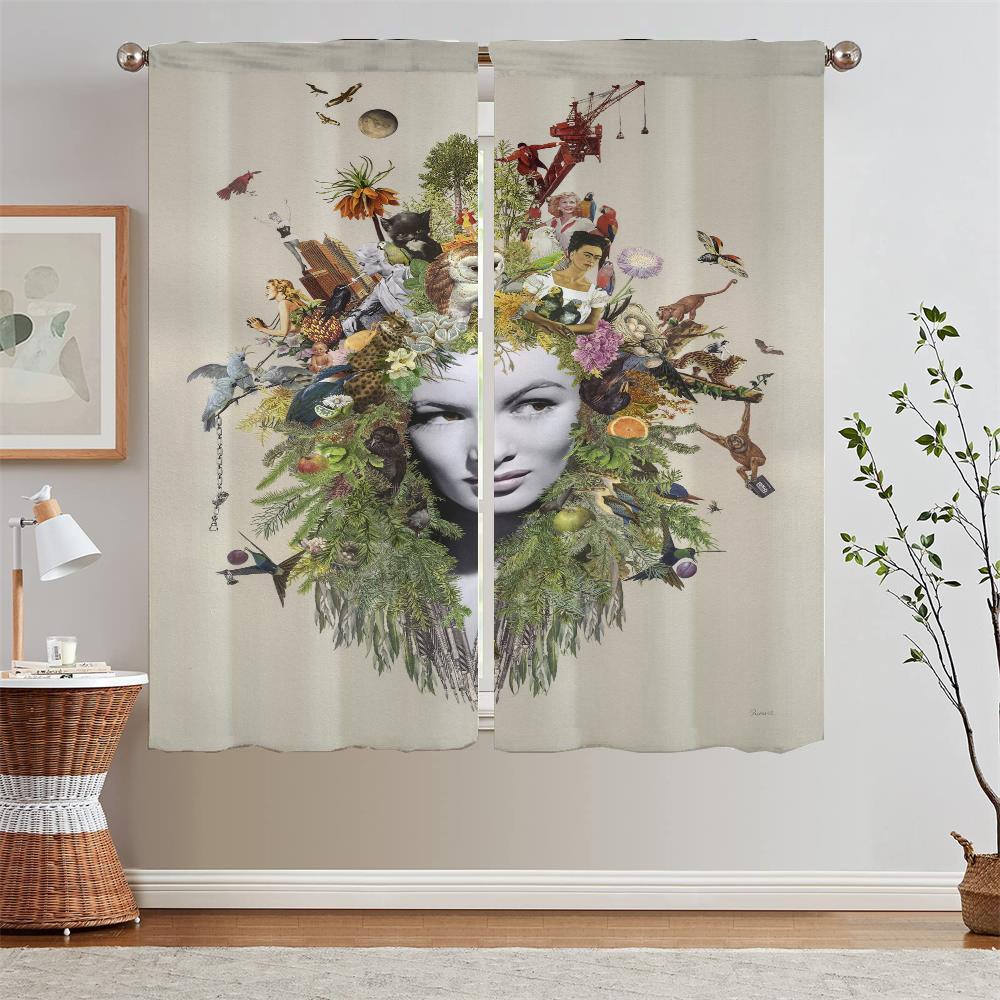 Modern Home Decoration Woman Portrait Short Window Curtains for Doors Children's Room Curtains for Living Room 2 Elegant Pieces