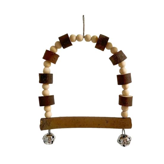 Bird Swing with Bells Wooden Parrot Toy, Hanging Perch Stand Pinecone/Bell, Cage Accessories Toy for Parakeet Cockatiel Finches Conures Budgie Macaws B