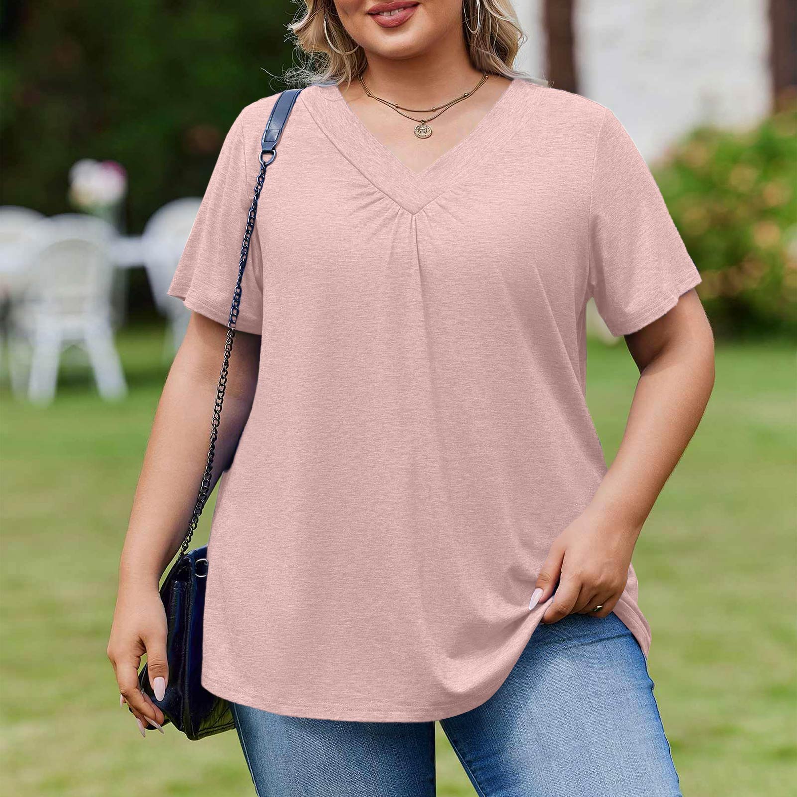 

Women s Plus Size Fashionable Casual Loose-Fit Short Sleeve Elegant V Neck Blouse For Work L розовый