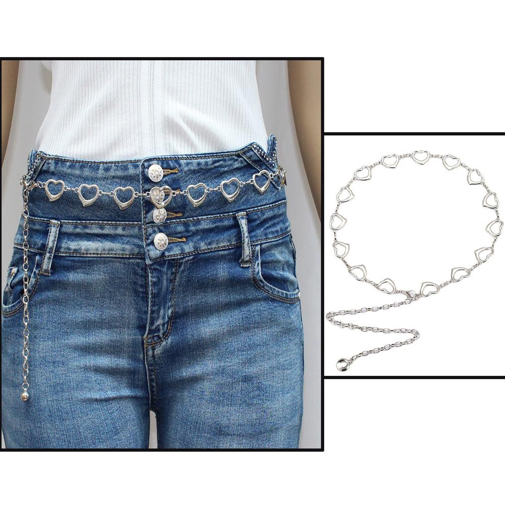 Women Metal Waist Chain, Heart & Flower Hollow Chain Belt, Adjustable Alloy Waistband with Ball Pendant for Dress Jeans