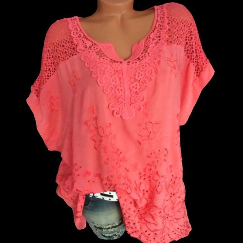 

Модная женская кружевная футболка с V-образным вырезом, вышивкой, коротким рукавом и ажурной вставкой, блузка для женщин 9020 6XL арбуз красный