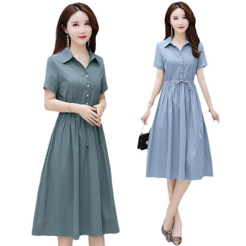 Women's 2023 Summer Solid Color Cotton Linen A-line Dress, Short Sleeve, Casual Slimming Design